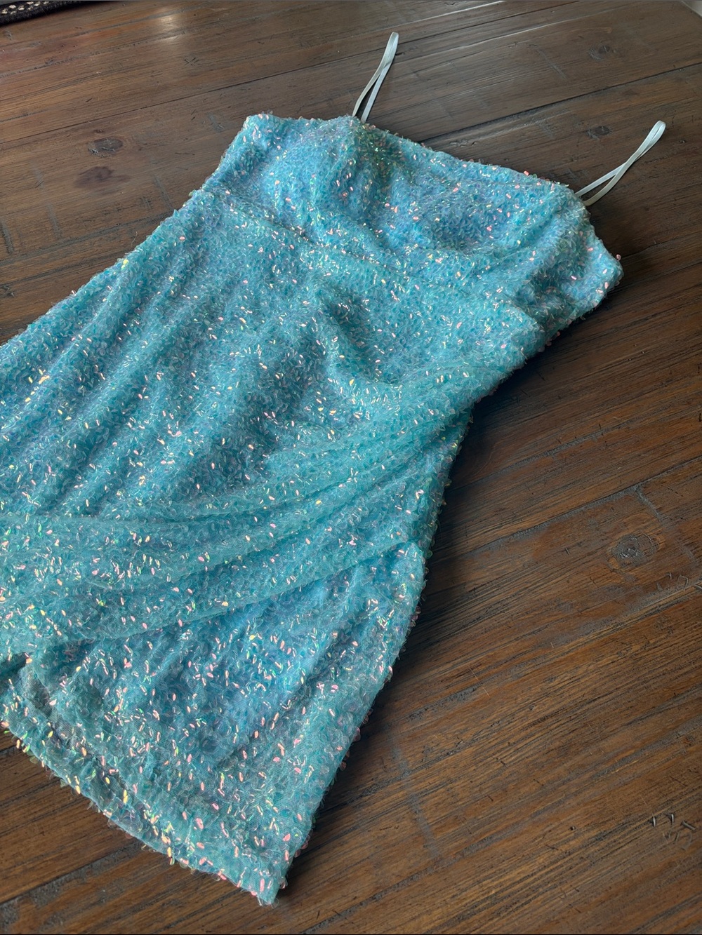 Midnight Doll size L Light Blue Sequin Spaghetti Strap Dress - Picture 2 of 16